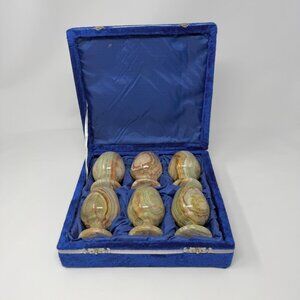 6--3" Marble Onyx Rock Green Brown Cordial Goblets in Blue Velvet Satiny Case